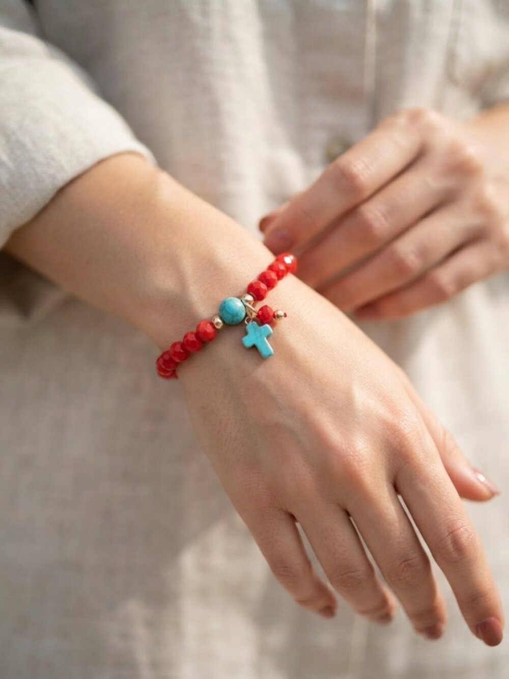 Handmade Vibrant Red Bead Stretch Bracelet with Turquoise Cross Charm – Boho Chi